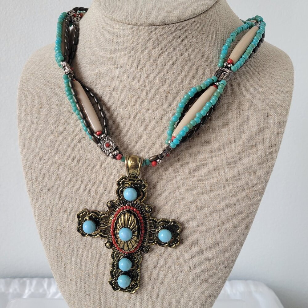 Southwestern-Style Turquoise &Coral color Beaded Cross Necklace